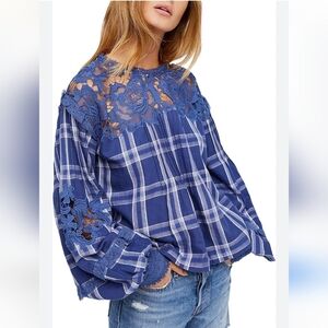 EUC Free People Darling Diana plaid lace boho top small
